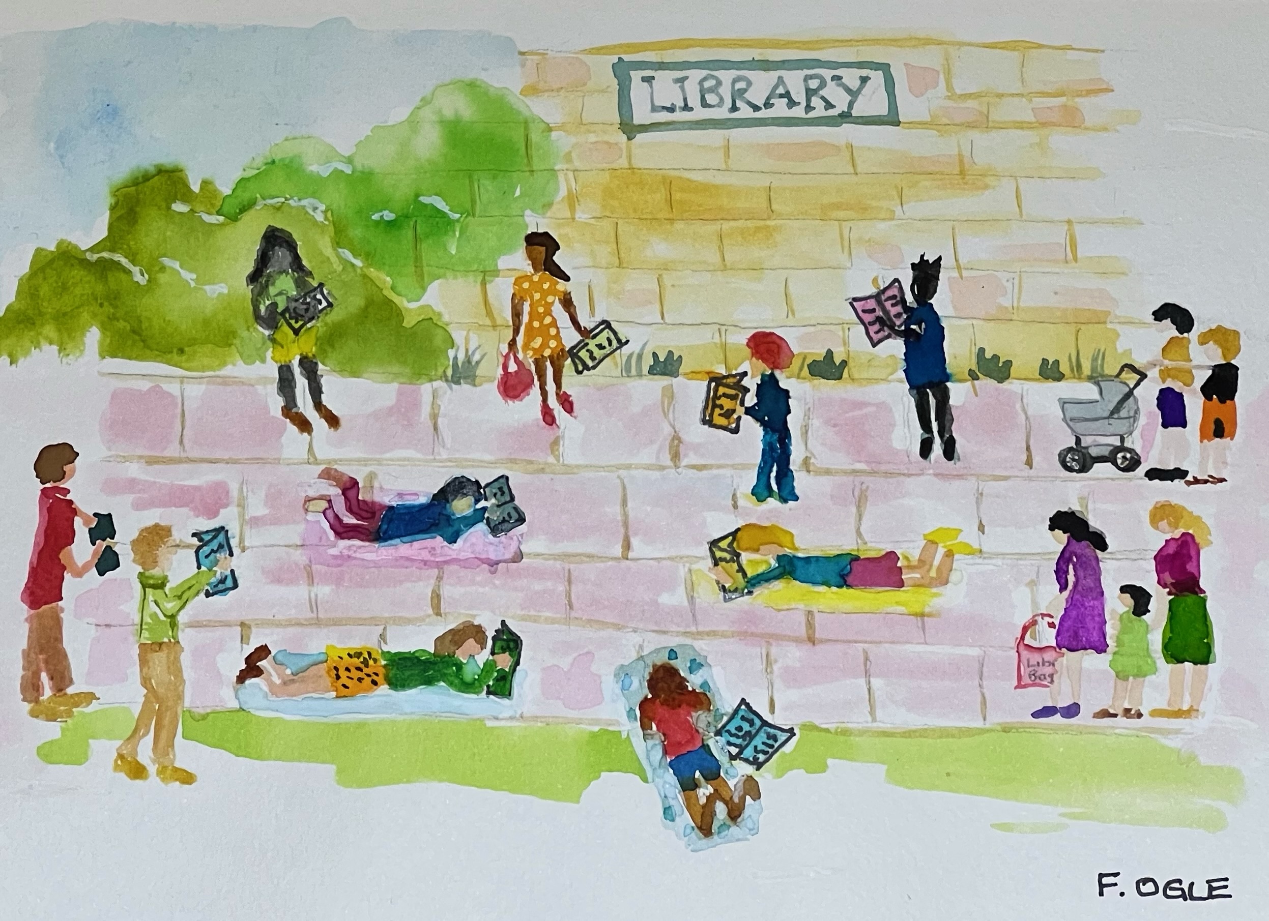 Watercolour painting showing a diversity of people, in states of engagement with a book
